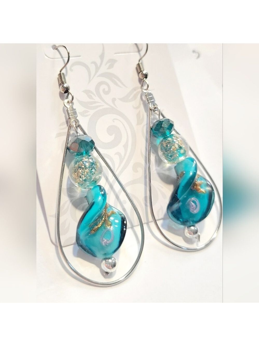 Twisted Teal Gold and Silver Drop Dangle Beaded Earrings - Picture 3 of 6
